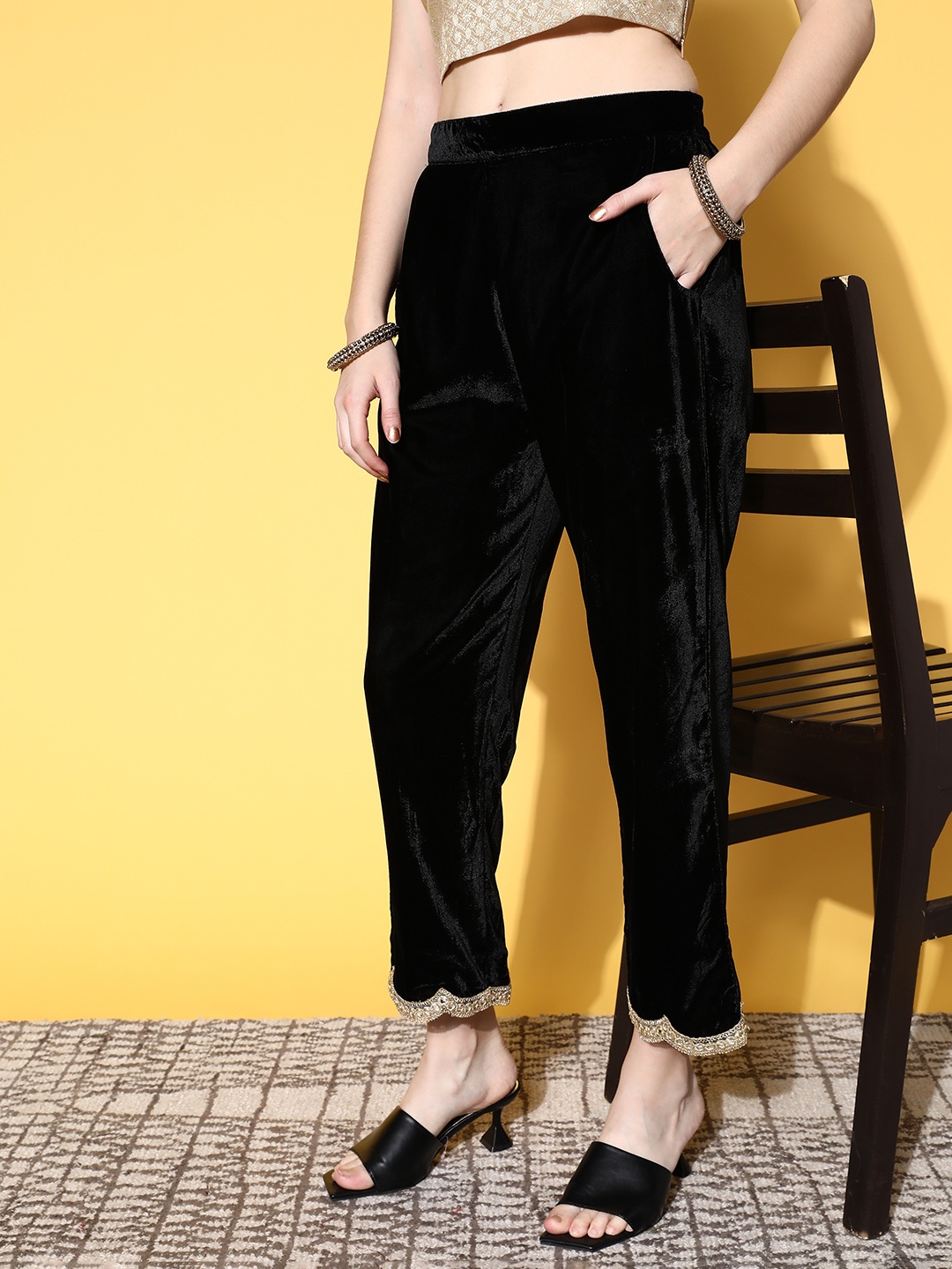 

Libas Women Elegant Black Solid Velvet Trousers