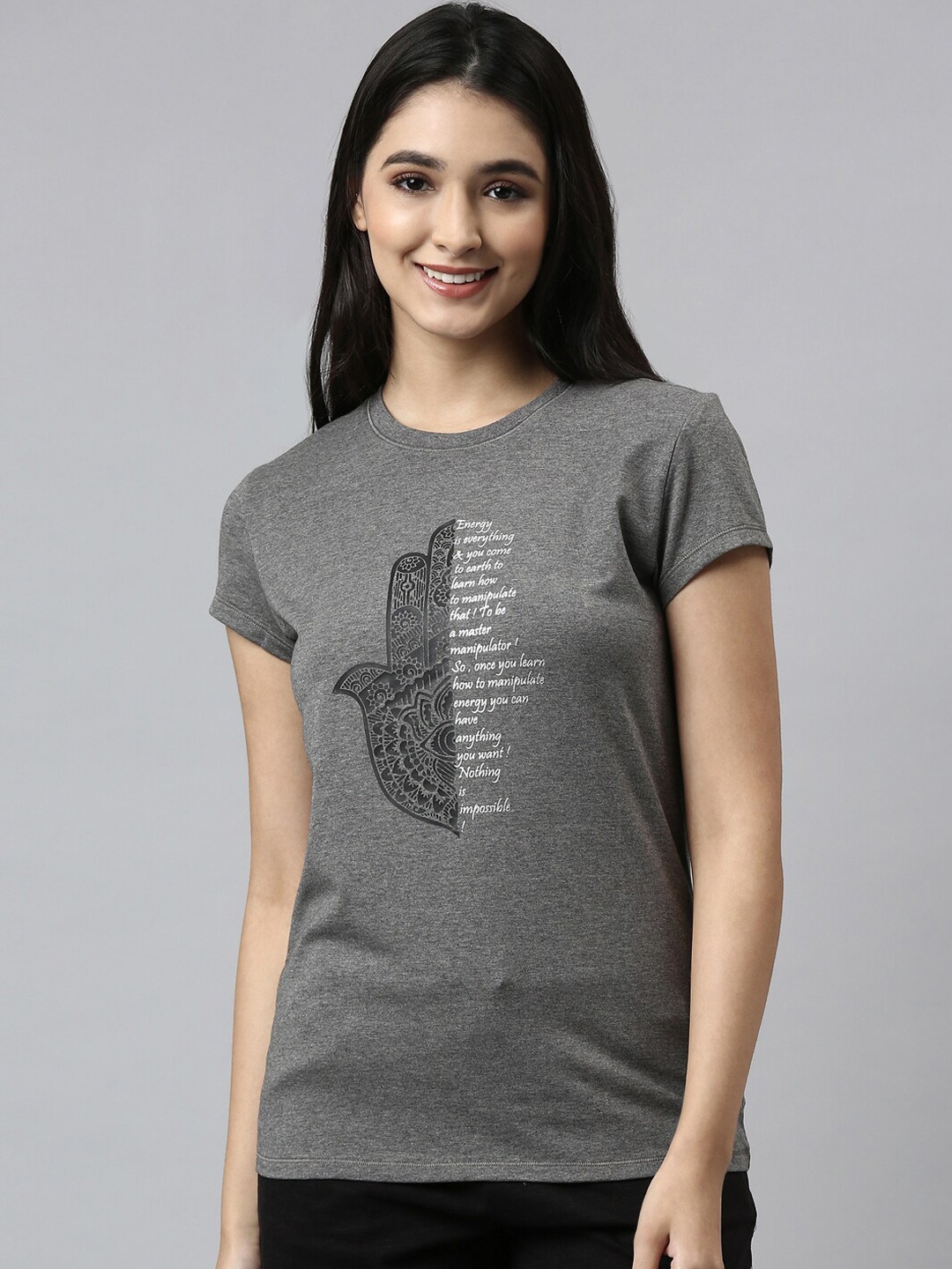 

Enamor Women Grey Printed Cotton Lounge Tshirt