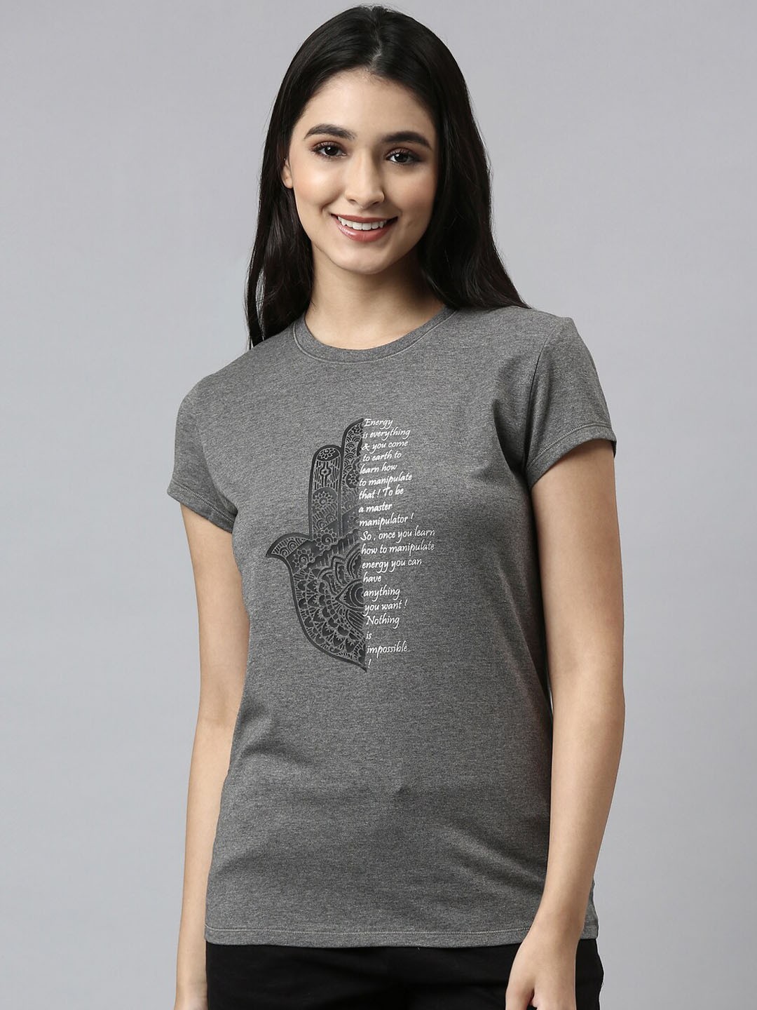 

Enamor Women Grey Printed Cotton Lounge Tshirt
