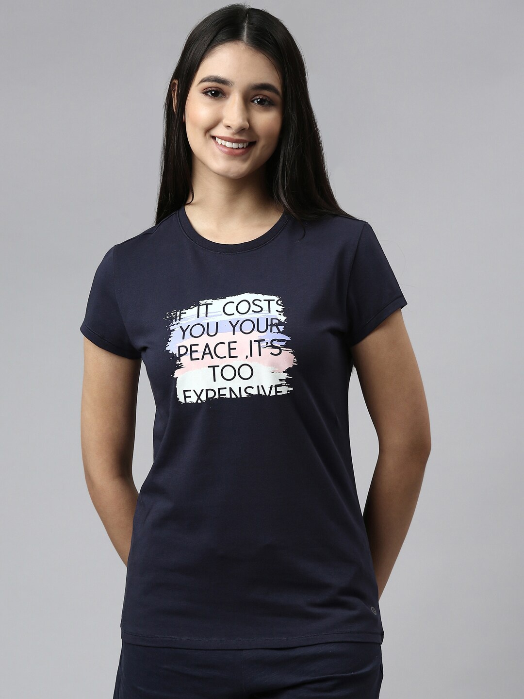 

Enamor Women Navy Blue Printed Slim-fit Cotton Lounge Tshirt
