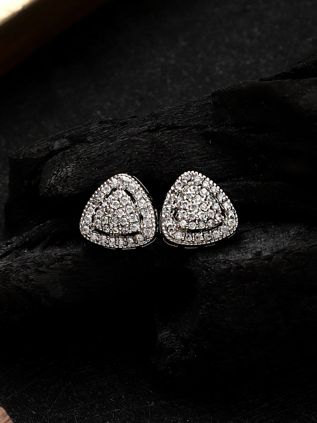

CARDINAL Silver-Toned American Diamond Heart Shaped Studs Earrings