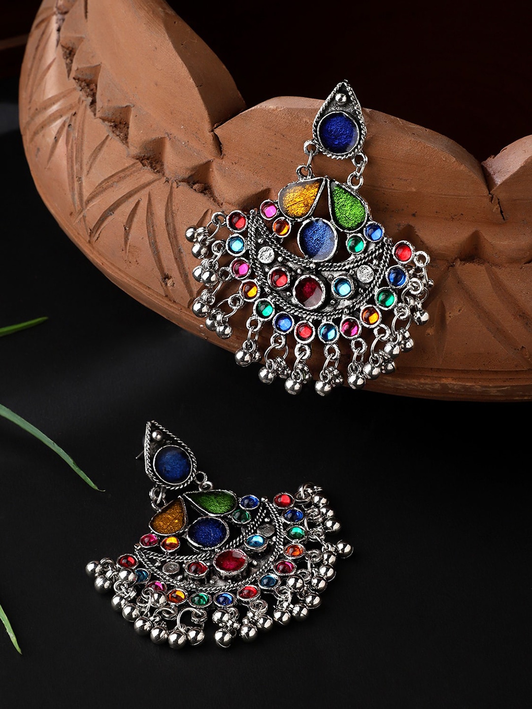 

CARDINAL Silver-Toned Floral Oxidized Chandbalis Earrings