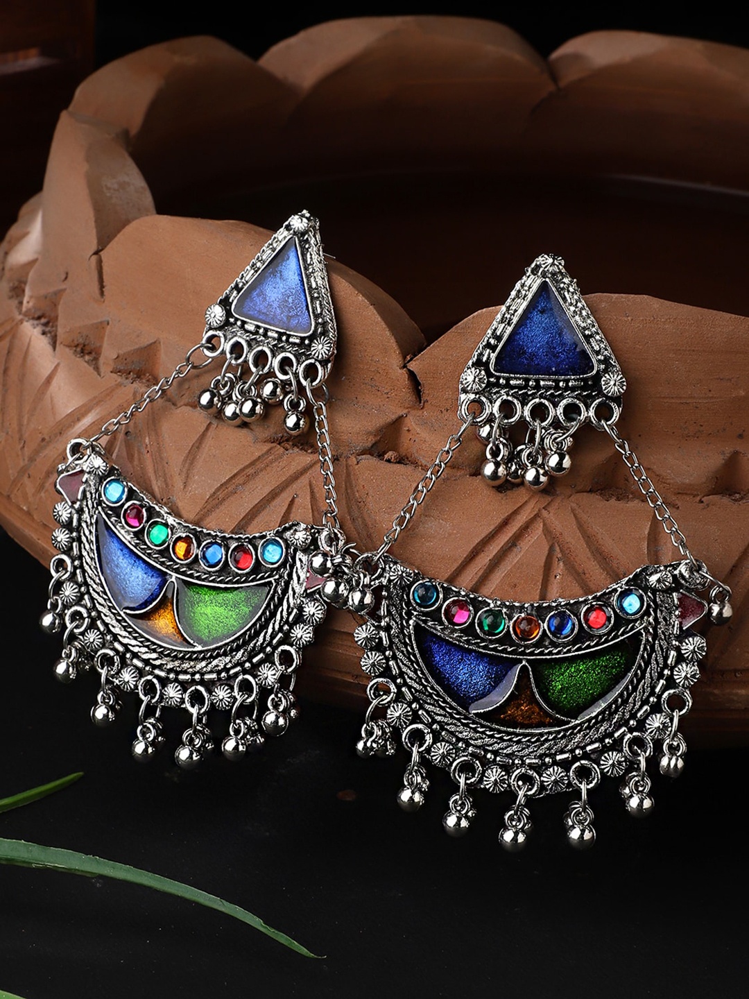 

CARDINAL Silver-Toned Multicolor Floral Oxidized Chandbalis Earrings, Multi