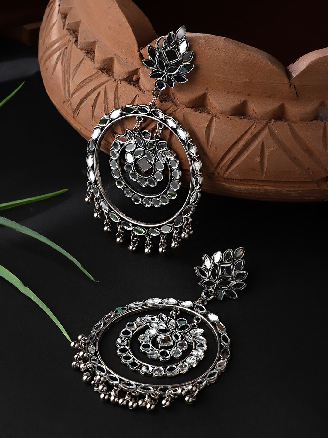 

CARDINAL Silver-Toned Circular Oxidized Mirror Chandbalis Earrings