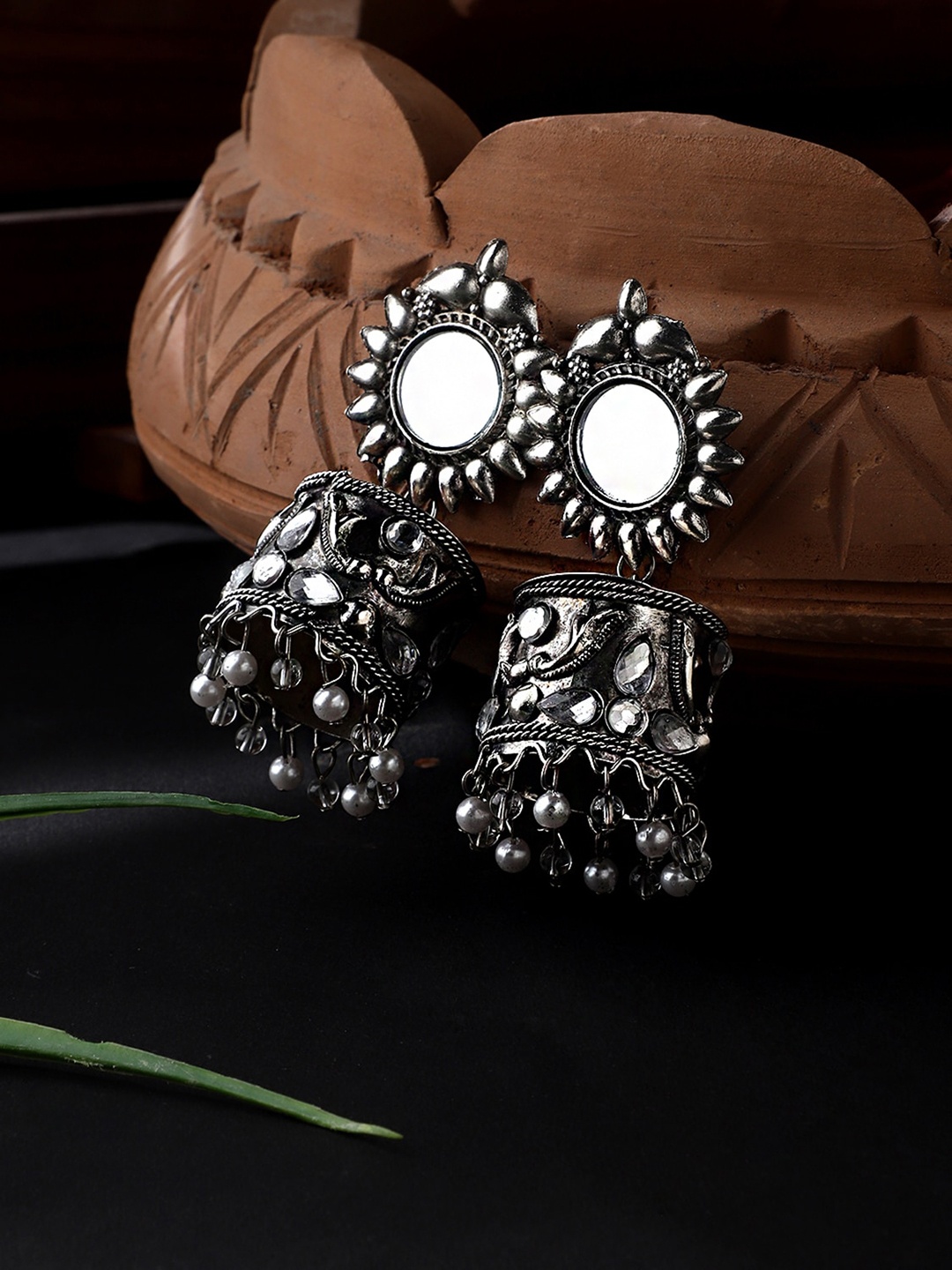

CARDINAL Silver-Toned Circular Oxidized Mirror Jhumkas Earrings