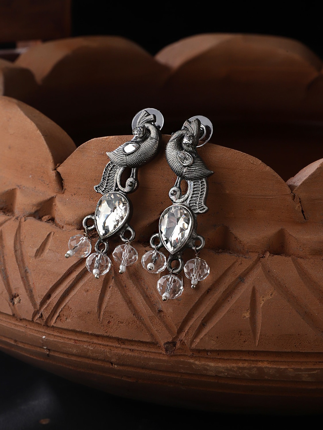 

CARDINAL Silver-Toned Peacock Shaped Oxidized Drop Earrings