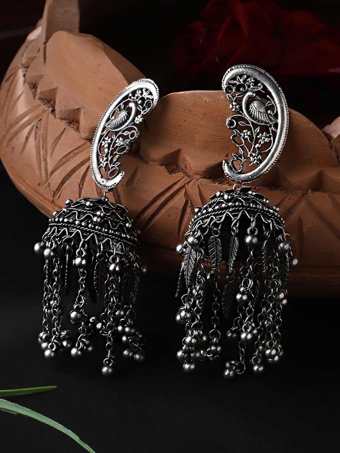 

CARDINAL Silver-Toned Dome Shaped Jhumkas Earrings