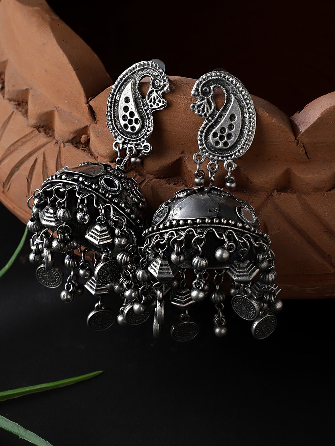 

CARDINAL Silver-Toned Dome Shaped Jhumkas Earrings