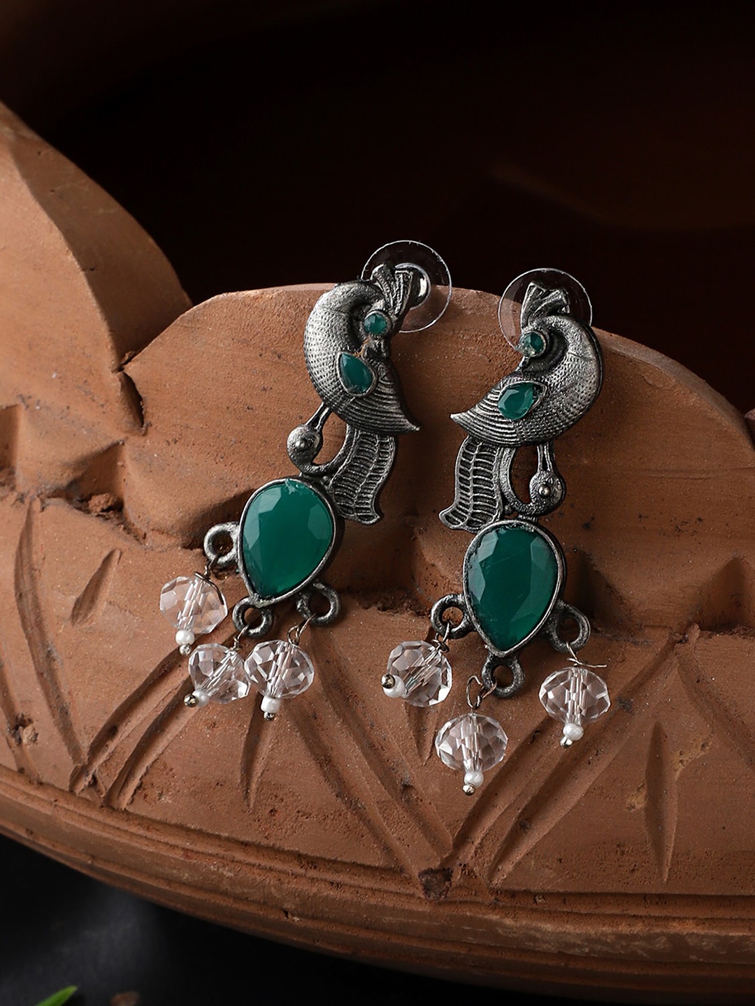 

CARDINAL Silver-Toned Peacock Shaped Drop Earrings