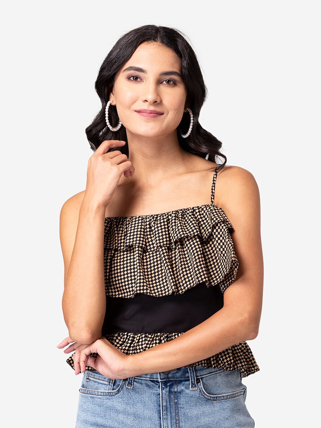 

YEROS Women Black & Beige Checked Ruffles Crepe Top