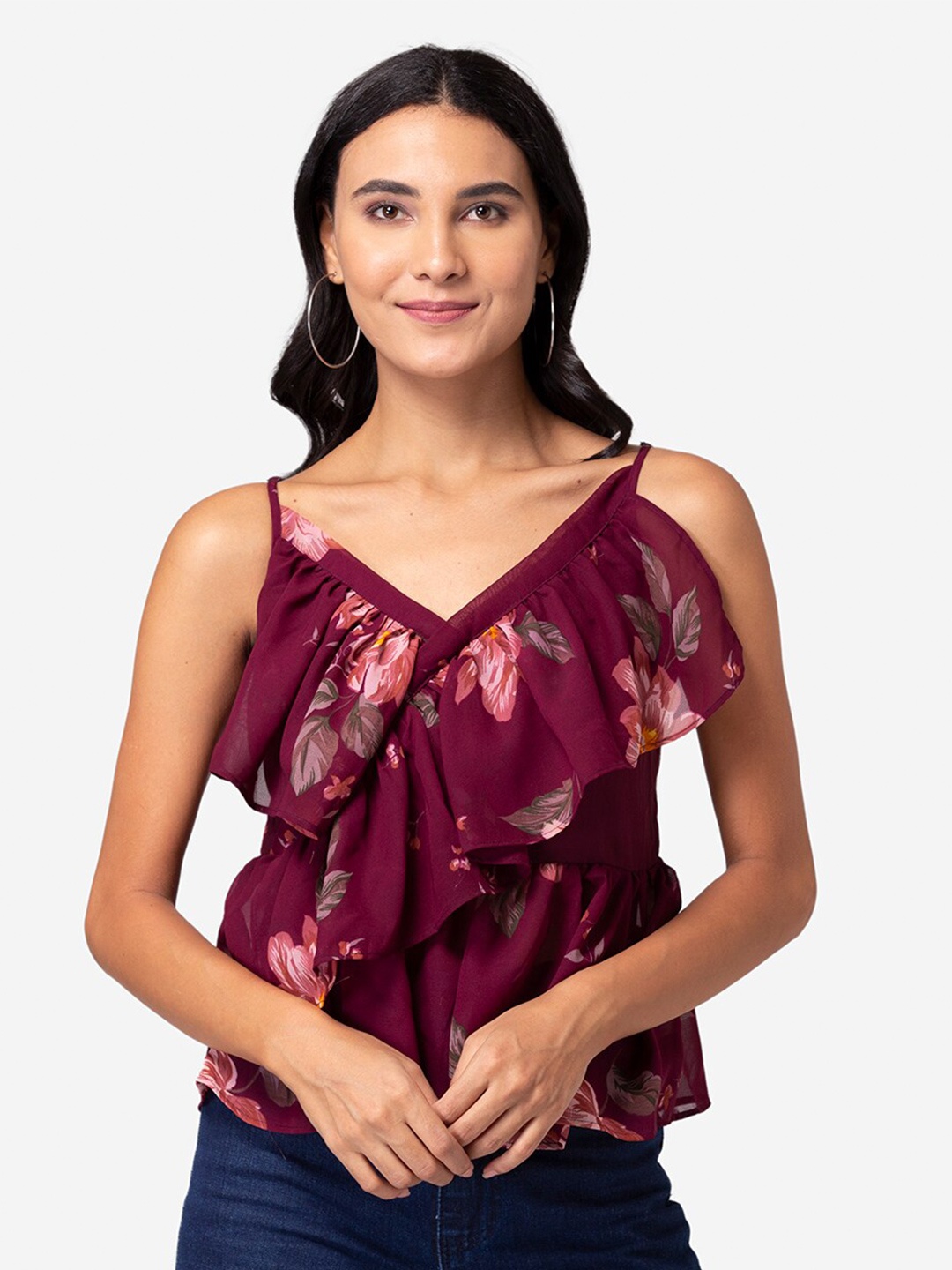 

YEROS Women Maroon Floral Print Ruffles Georgette Top