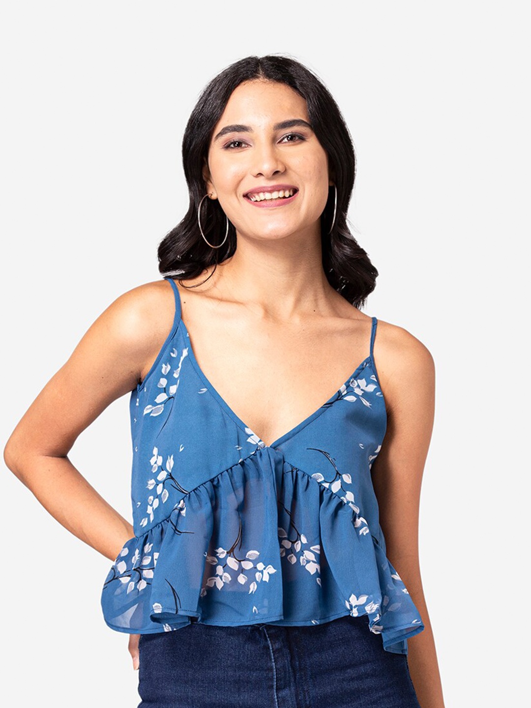 

YEROS Women Blue Floral Print Georgette Top