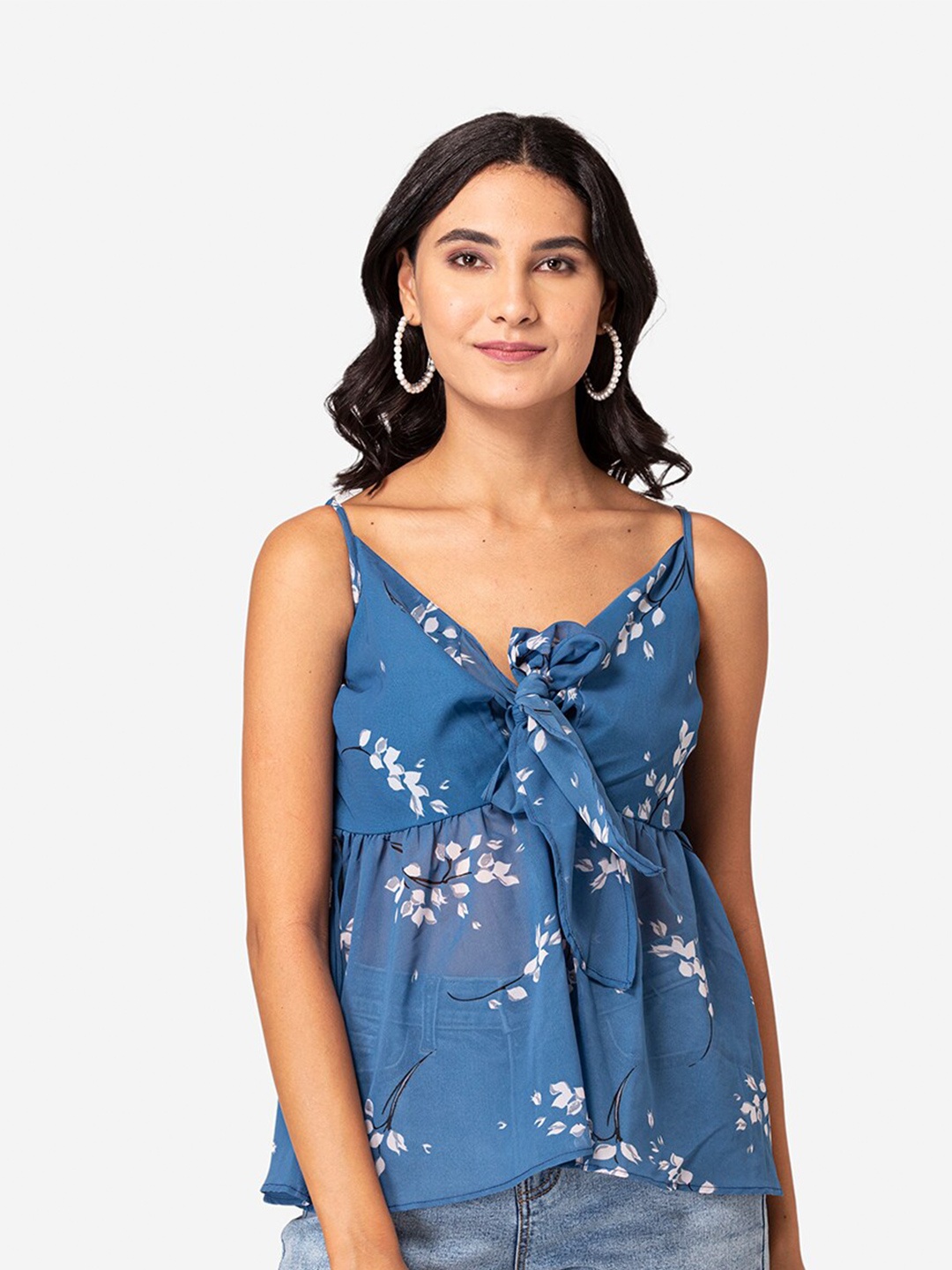 

YEROS Women Blue Floral Print Georgette Top
