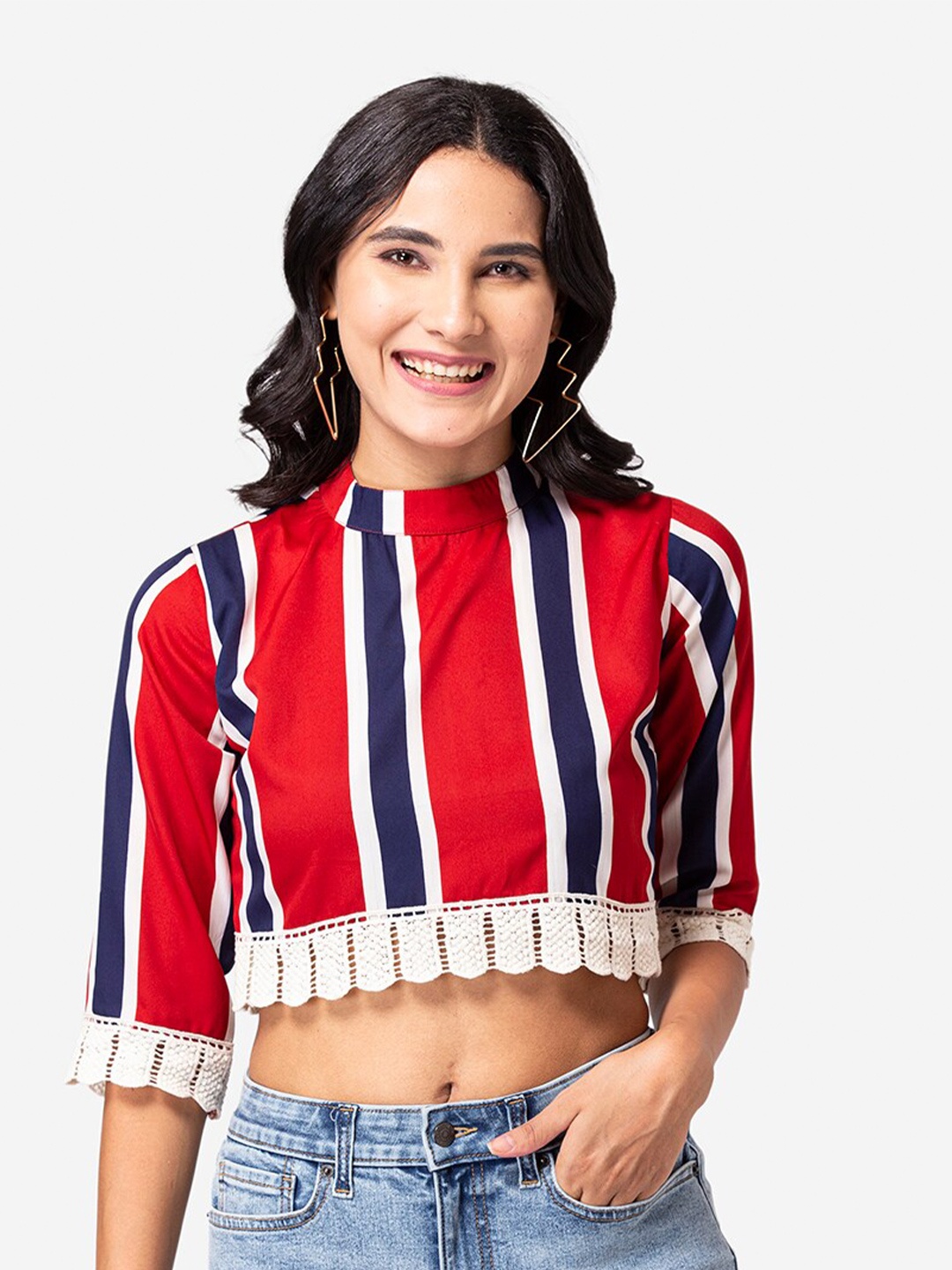 

YEROS Women Red & Blue Striped Crepe Crop Top