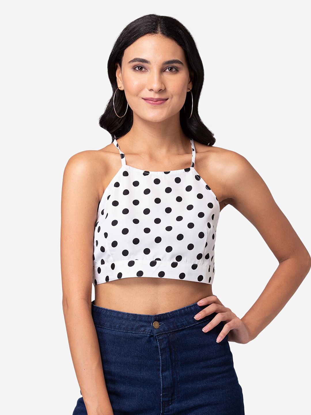 

YEROS Women White Polka Dot Print Crepe Crop Top