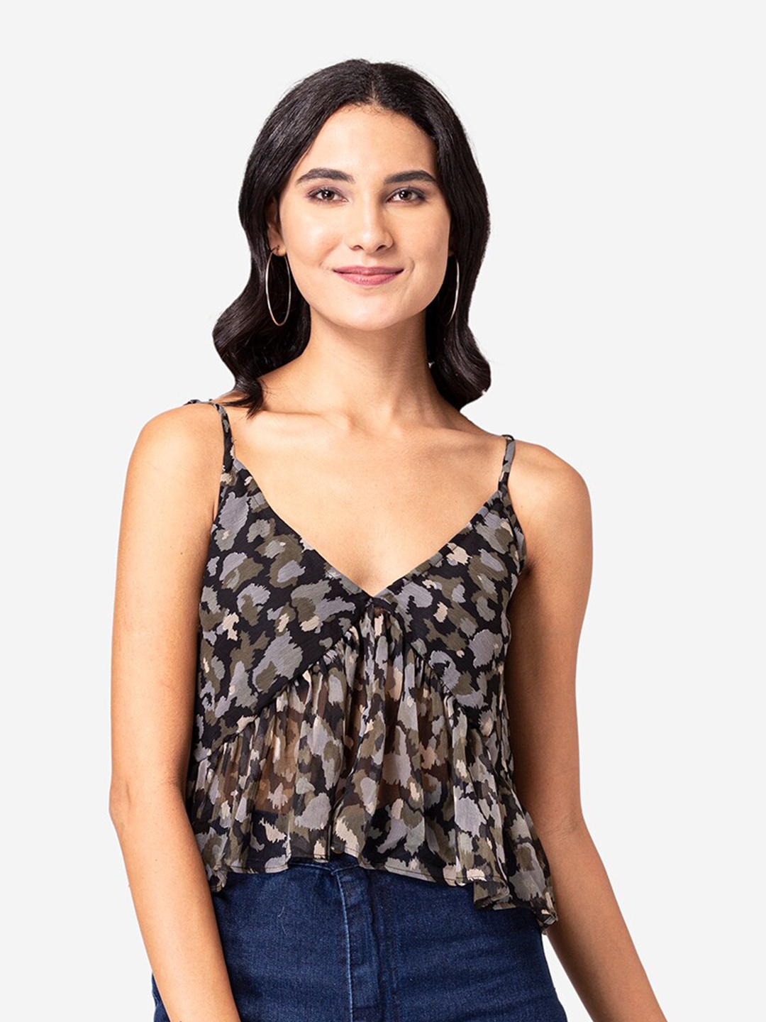 

YEROS Black Animal Print Chiffon Top