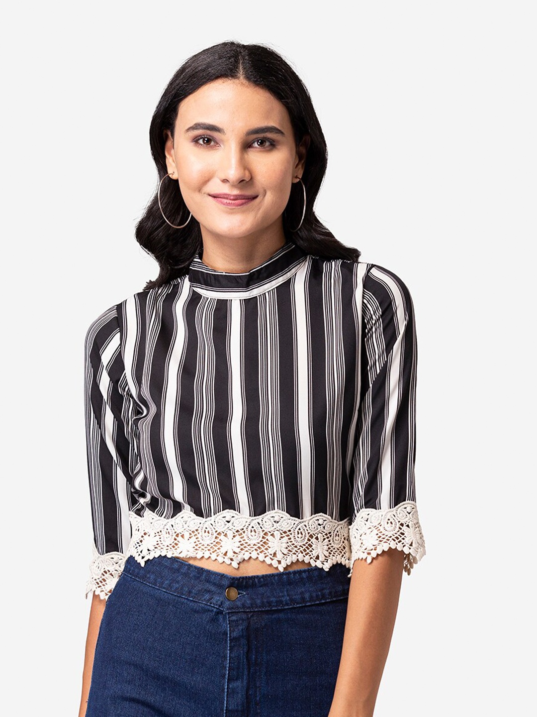

YEROS Black Striped Crepe Blouson Crop Top