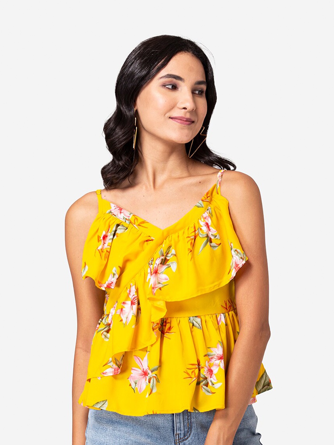 

YEROS Yellow Floral Print Crepe Top