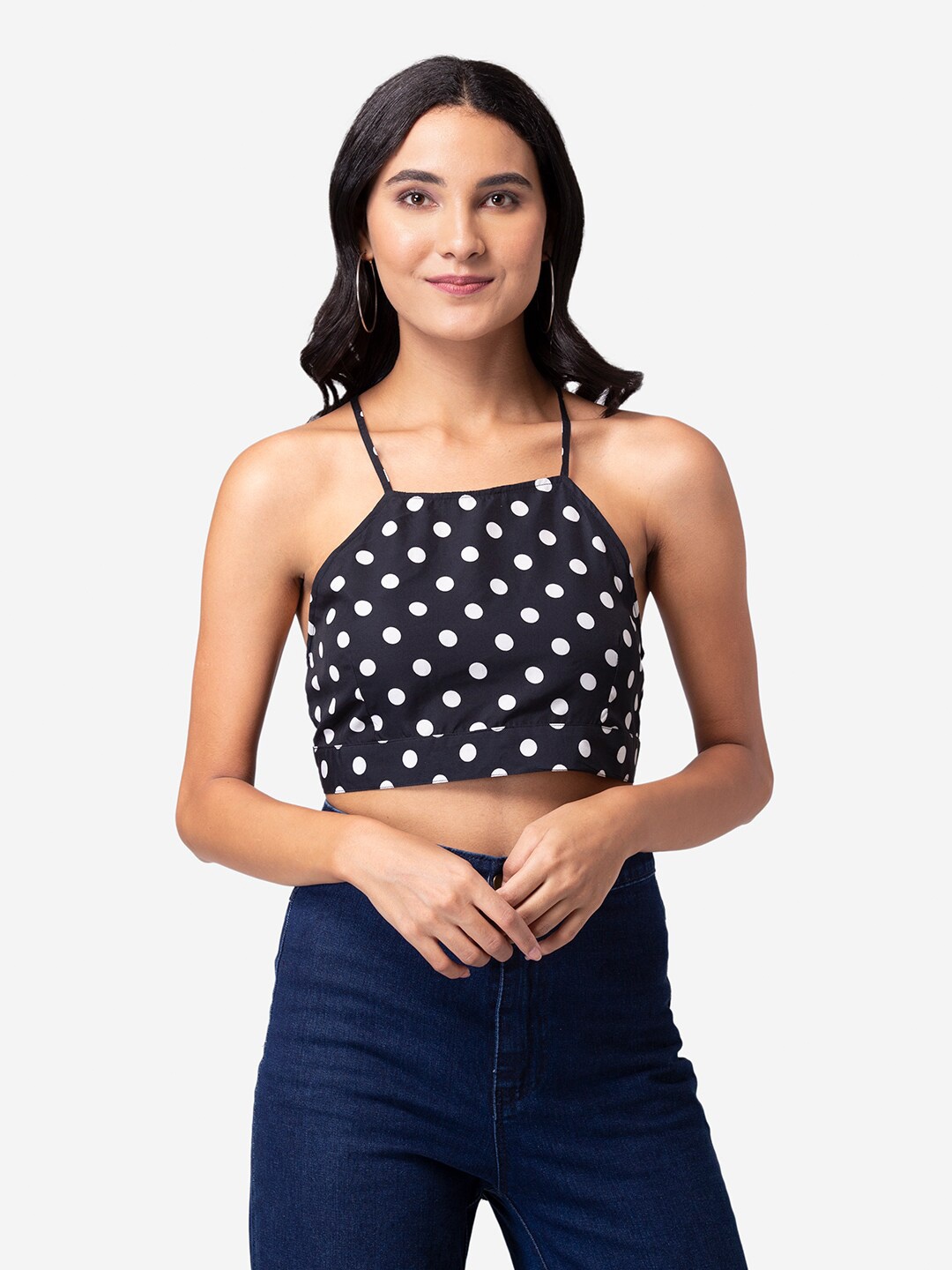 

YEROS Black Print Crepe Crop Top