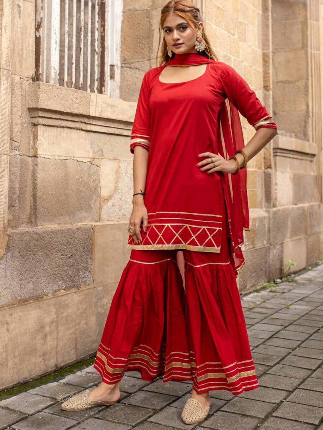 

Lavanya The Label Women Red Embroidered Pure Cotton Kurta with Sharara & With Dupatta