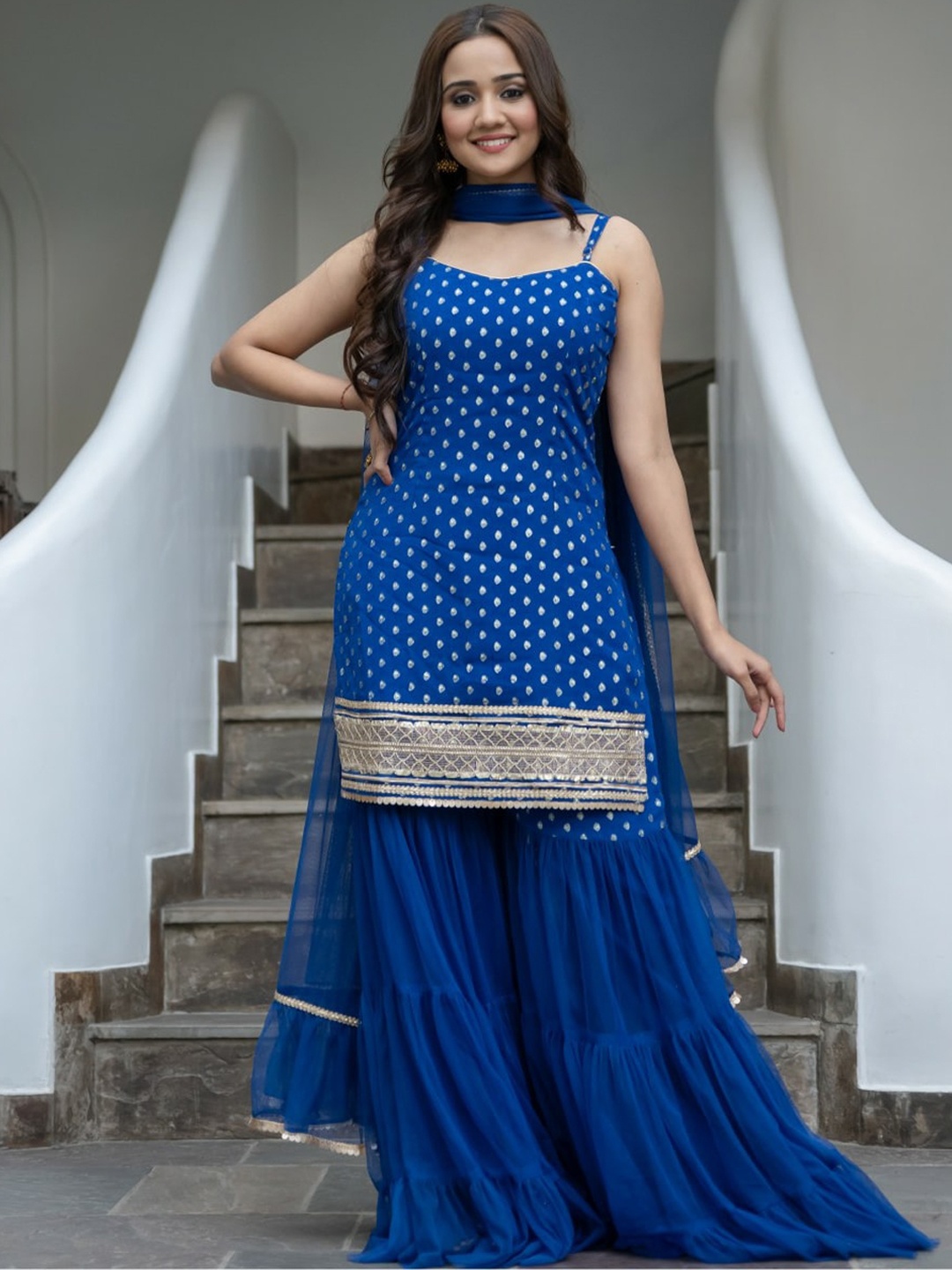 

Lavanya The Label Women Blue Printed Kurti with Sharara & Dupatta