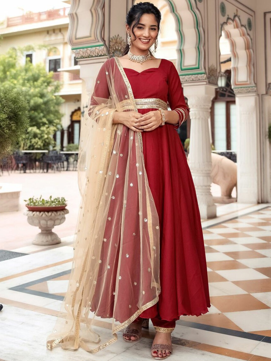

Lavanya The Label Women Maroon & Gold Solid Anarkali Kurta with Trousers & With Dupatta
