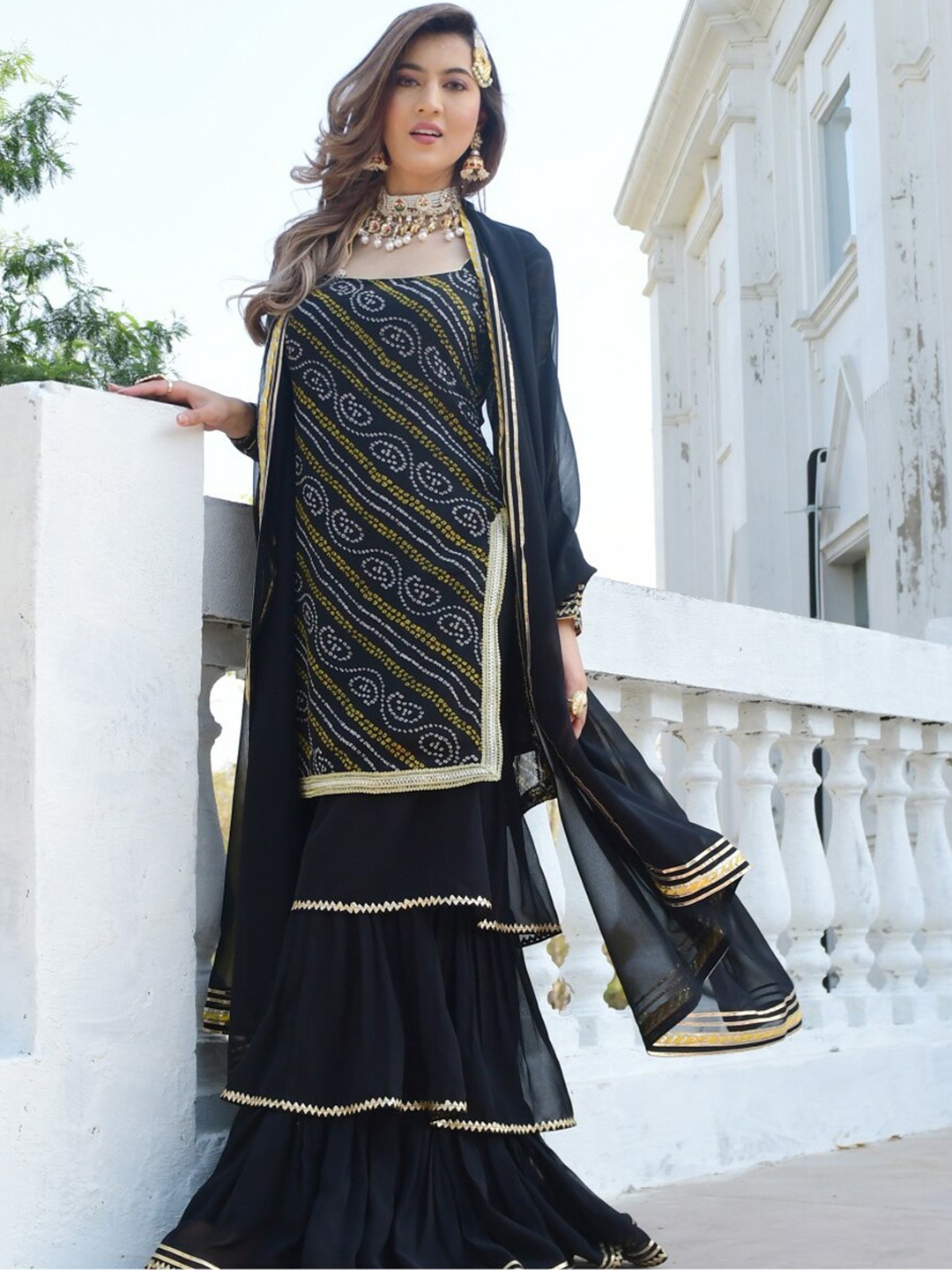 

Lavanya The Label Women Black Printed Thread Work Kurta with Sharara & With Dupatta