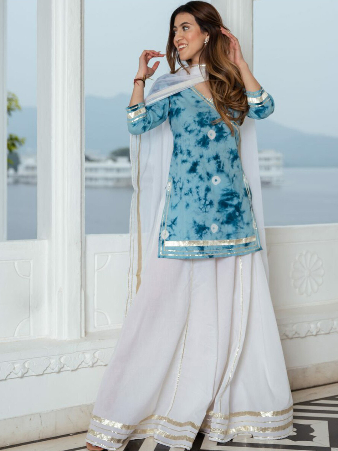 

Lavanya The Label Women Blue Floral Embroidered Pure Cotton Kurti with Palazzos & With Dupatta