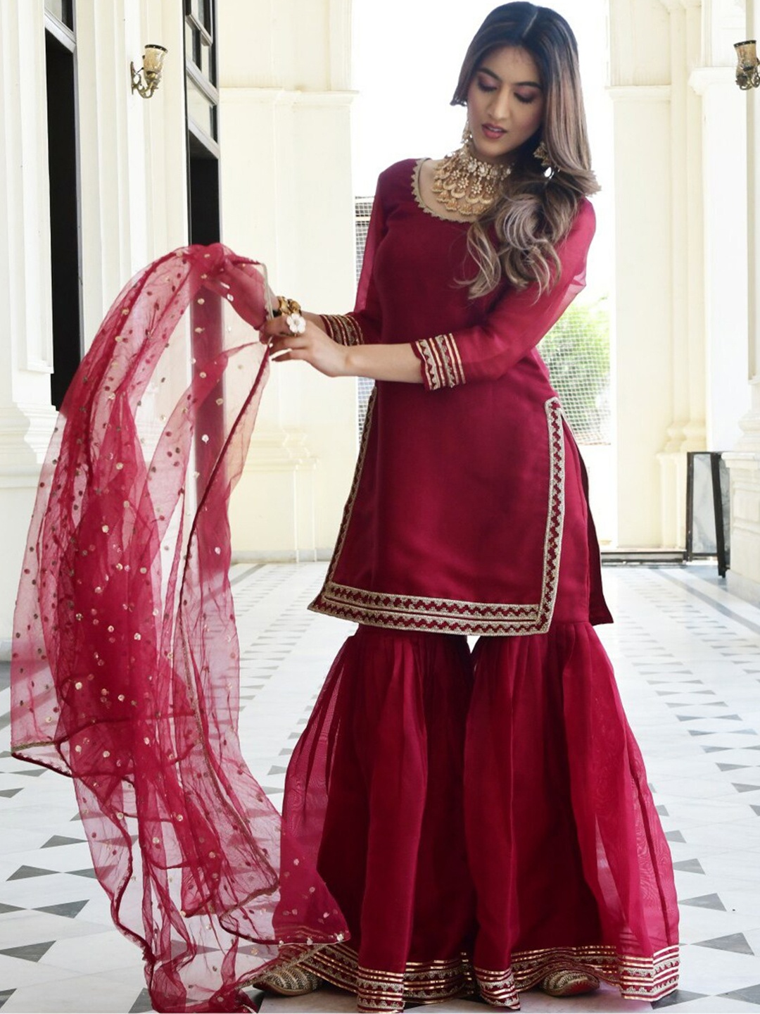 

Lavanya The Label Women Maroon Ethnic Motifs Kurta with Sharara & With Dupatta