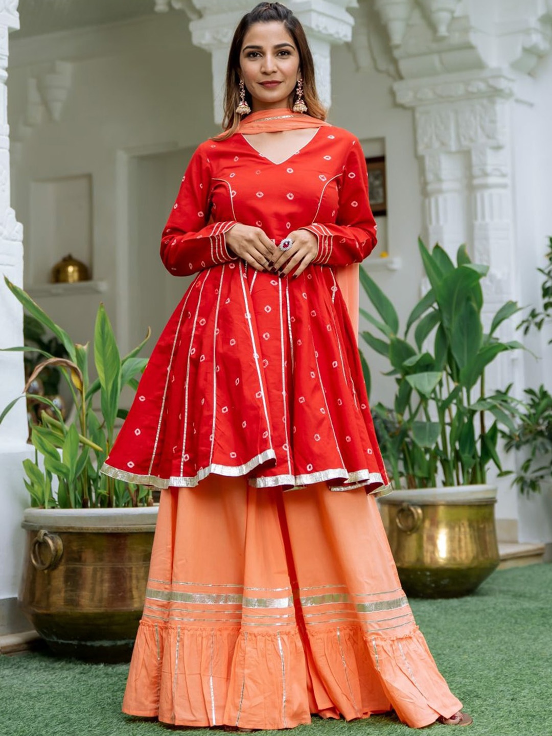 

Lavanya The Label Women Red Bandhani Pure Cotton Kurti with Palazzos & With Dupatta