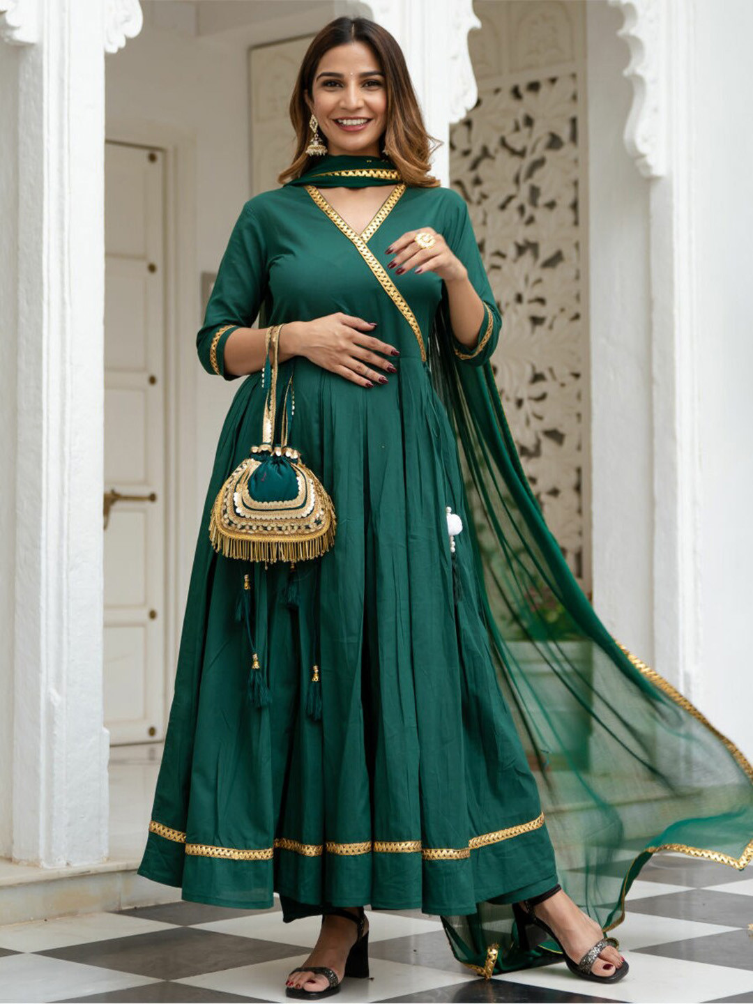 

Lavanya The Label Women Green Angrakha Gotta Patti Pure Cotton Kurta with Trousers & With Dupatta