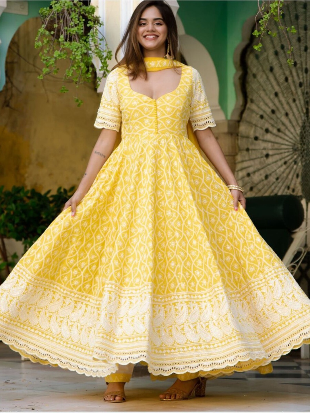 

Lavanya The Label Women Yellow Paisley Printed Pure Cotton Kurta with Palazzos & With Dupatta