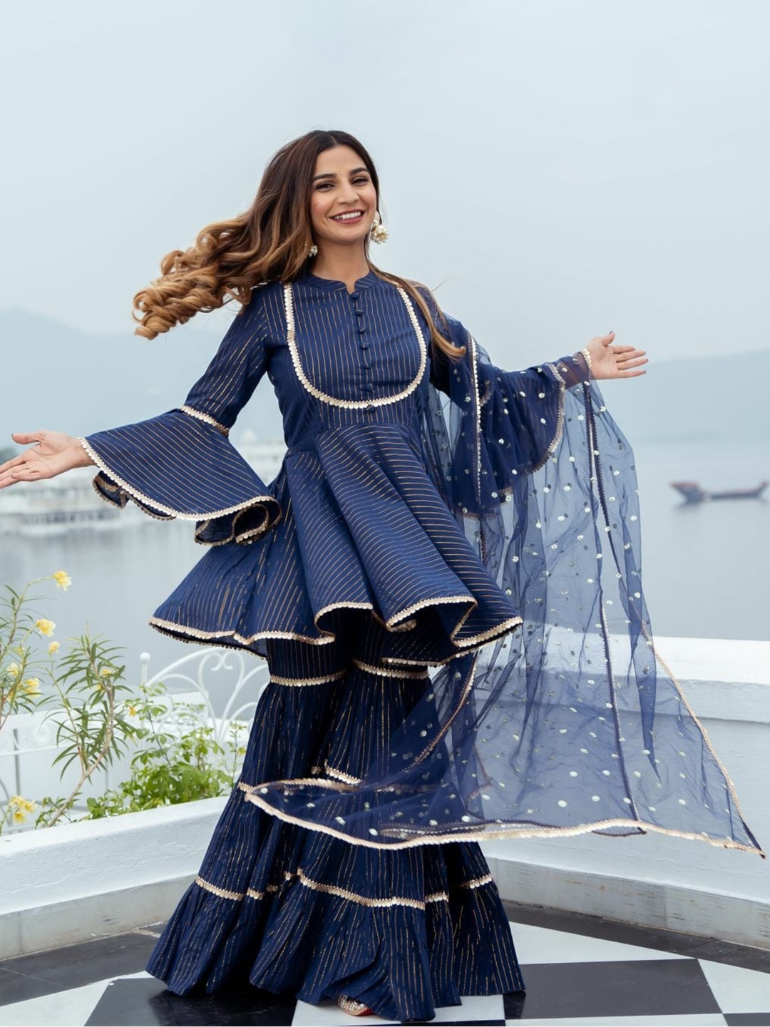 

Lavanya The Label Women Navy Blue Striped Pure Cotton Peplum Kurta With Sharara & Dupatta