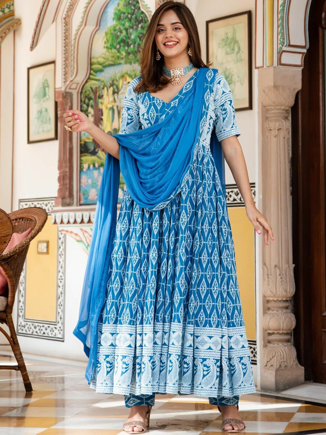 

Lavanya The Label Women Blue Pure Cotton Kurta with Trousers & With Dupatta