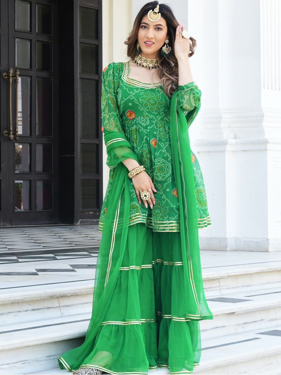 

Lavanya The Label Women Green Ethnic Motifs Printed Kurta with Churidar & With Dupatta