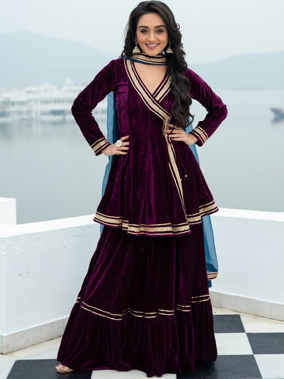 

Lavanya The Label Women Magenta Angrakha Velvet Kurti with Palazzos & With Dupatta