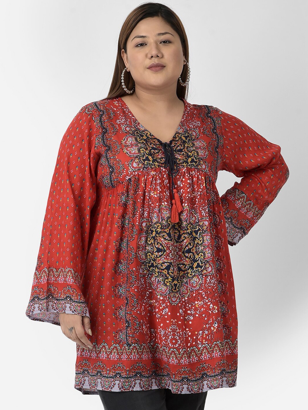 

VELDRESS Women Plus Size Red Floral Print Tie-Up Neck Longline Top
