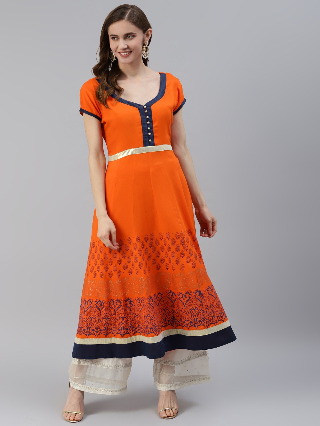 

MBE Women Orange & Blue Ethnic Motifs Printed Gotta Patti Block Print Anarkali Kurta