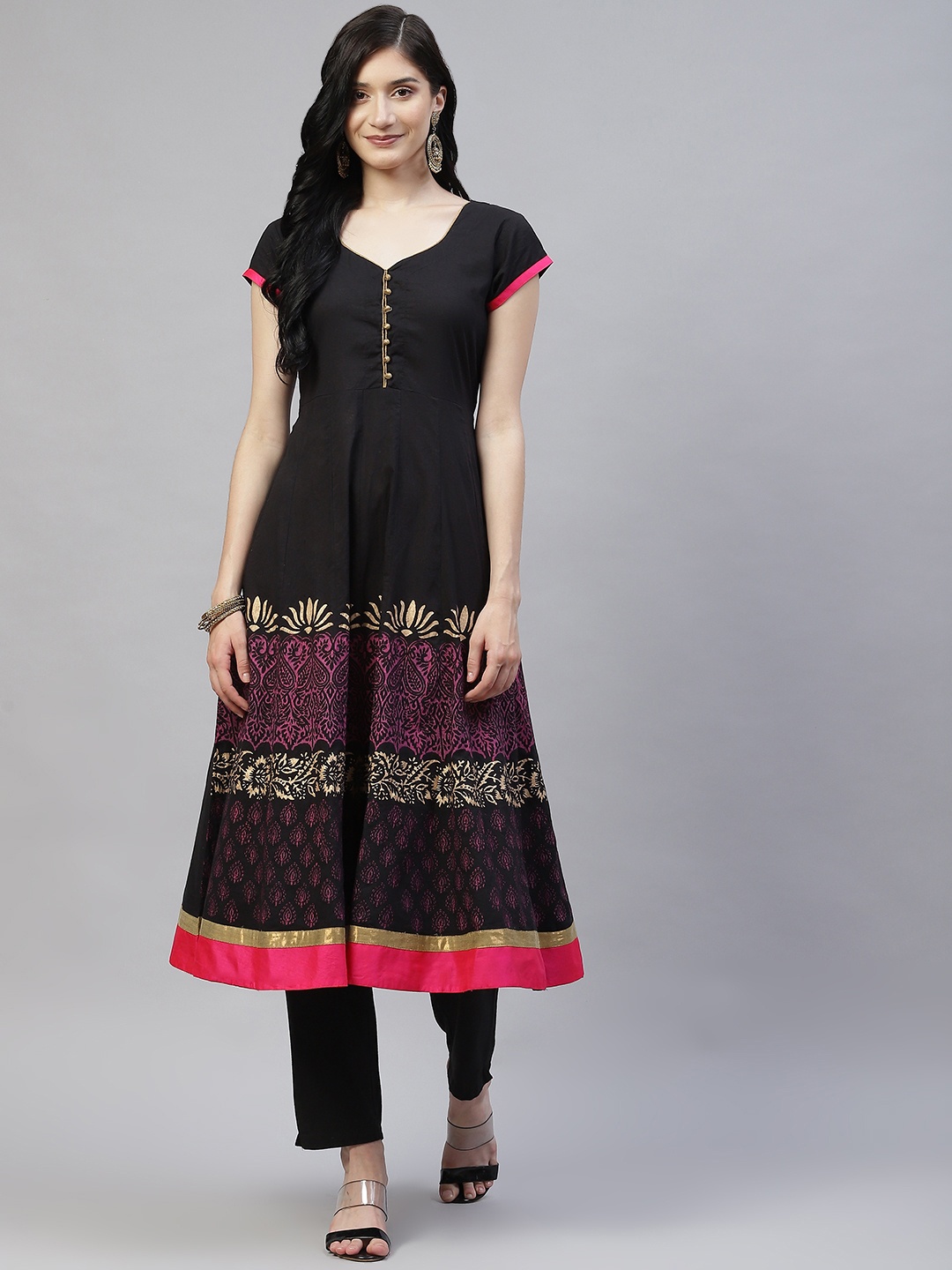 

MBE Women Black & Pink Ethnic Motifs Printed A-Line Kurta