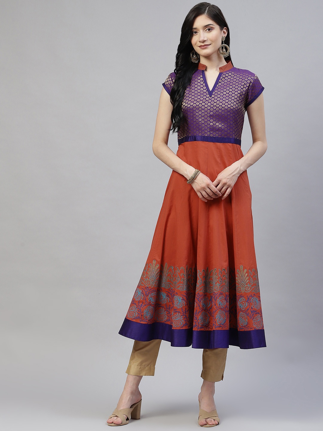 

MBE Women Red & Purple Ethnic Motifs Colourblocked Block Print Kurta