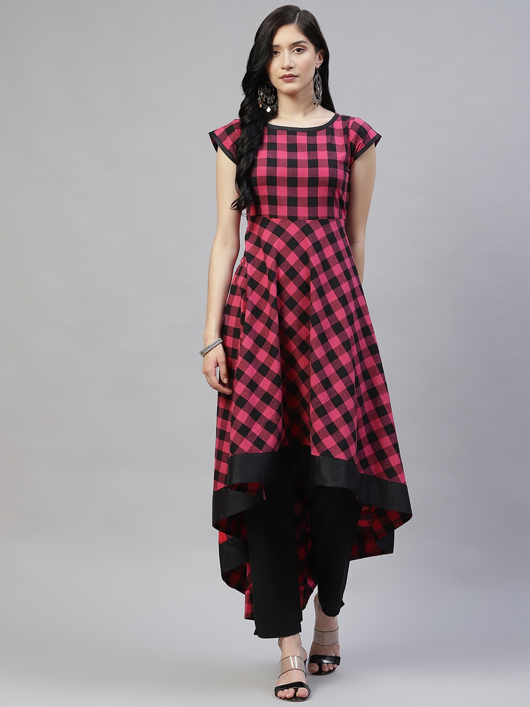 

MBE Women Pink & Black Checked Asymmetric Kurta