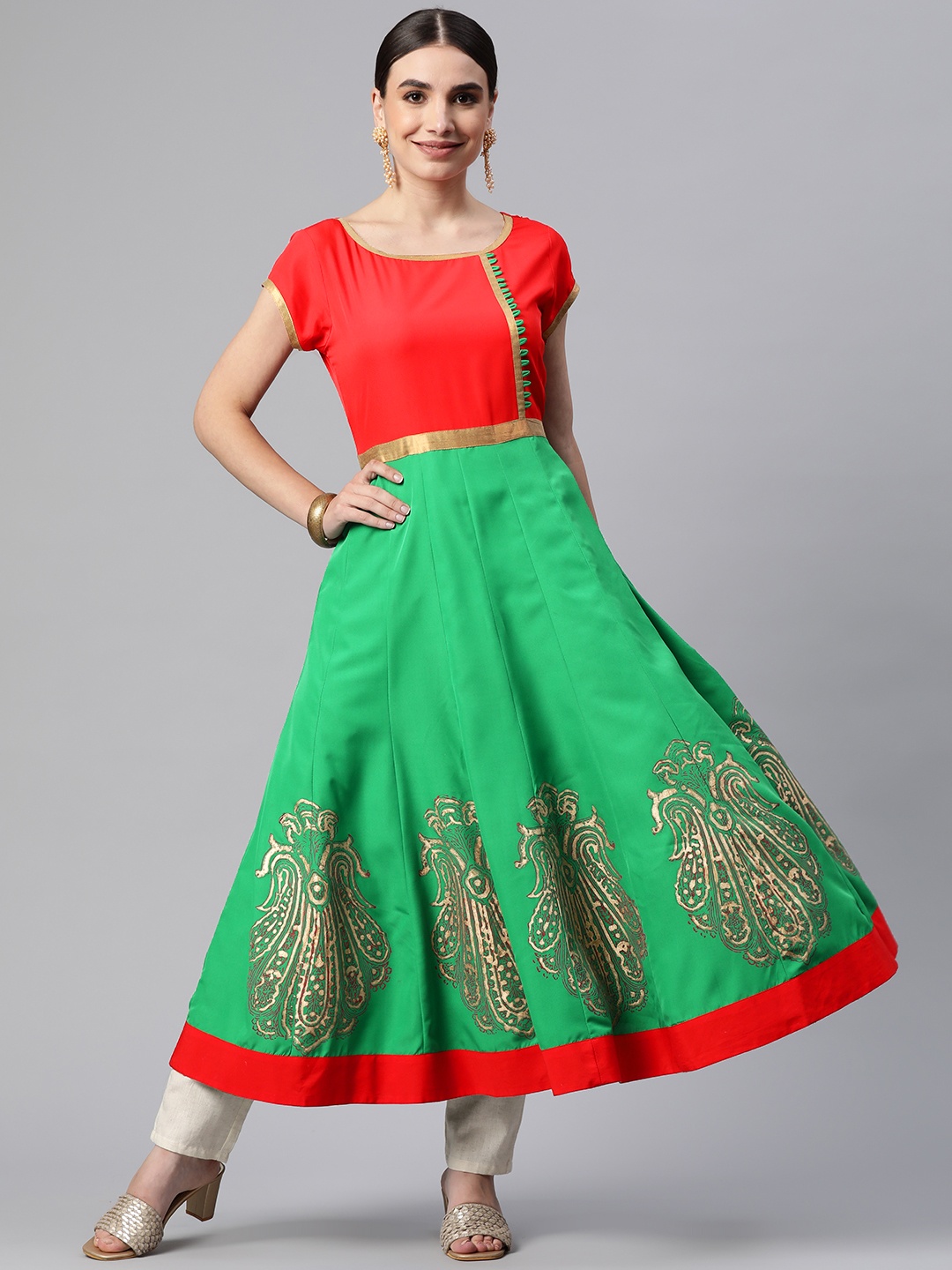 

MBE Women Green & Red Colourblocked Block Print Crepe Anarkali Kurta