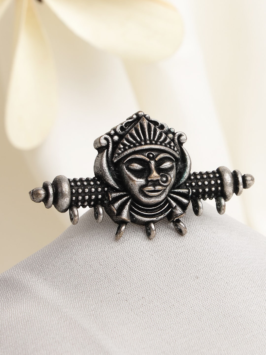 

Moedbuille Silver-Plated Temple Design Oxidised Tribal Finger Ring