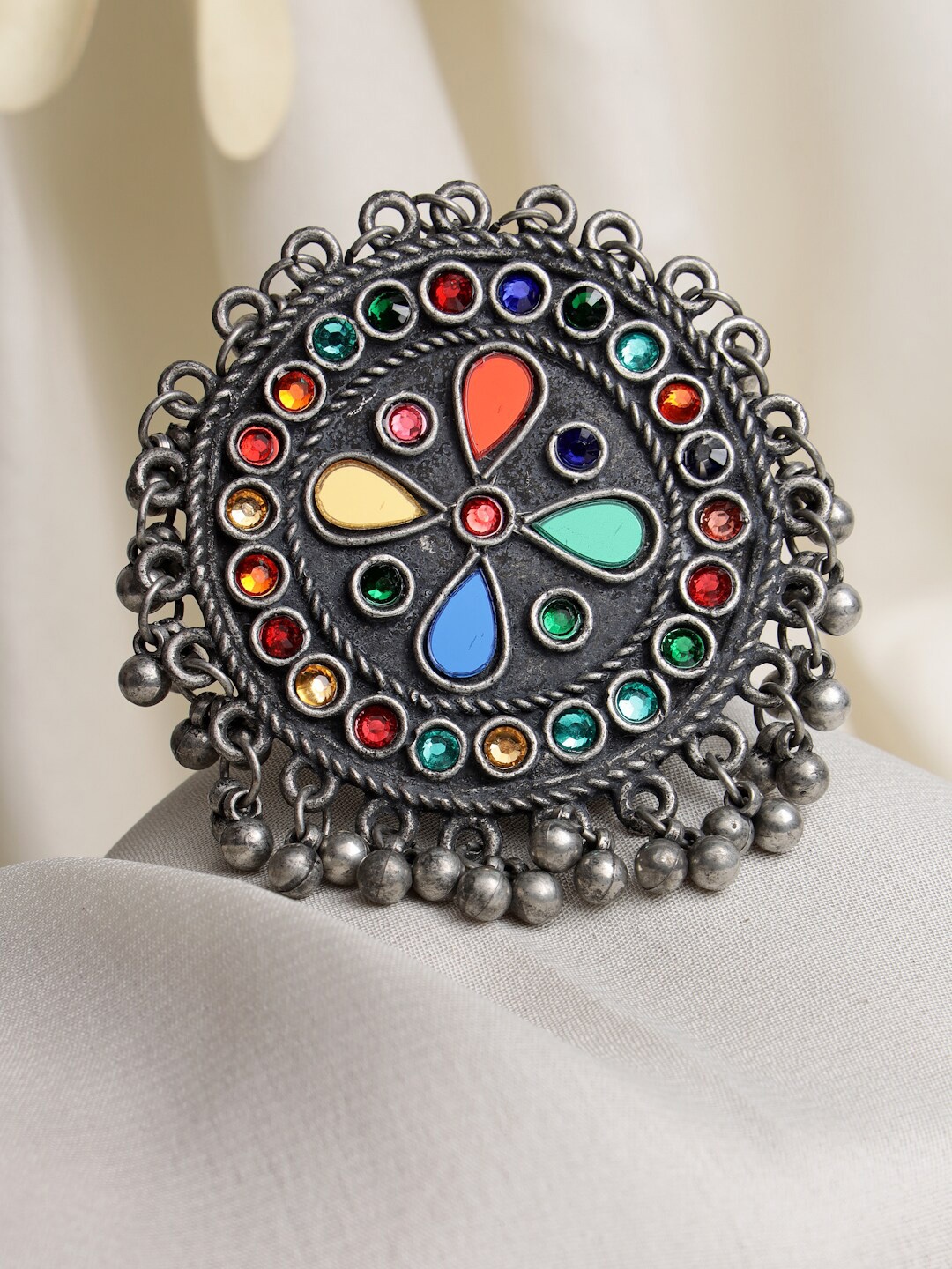 

Moedbuille Oxidised Silver-Plated Red & Blue Mirror Studded & Gunghroo Studded Finger Ring