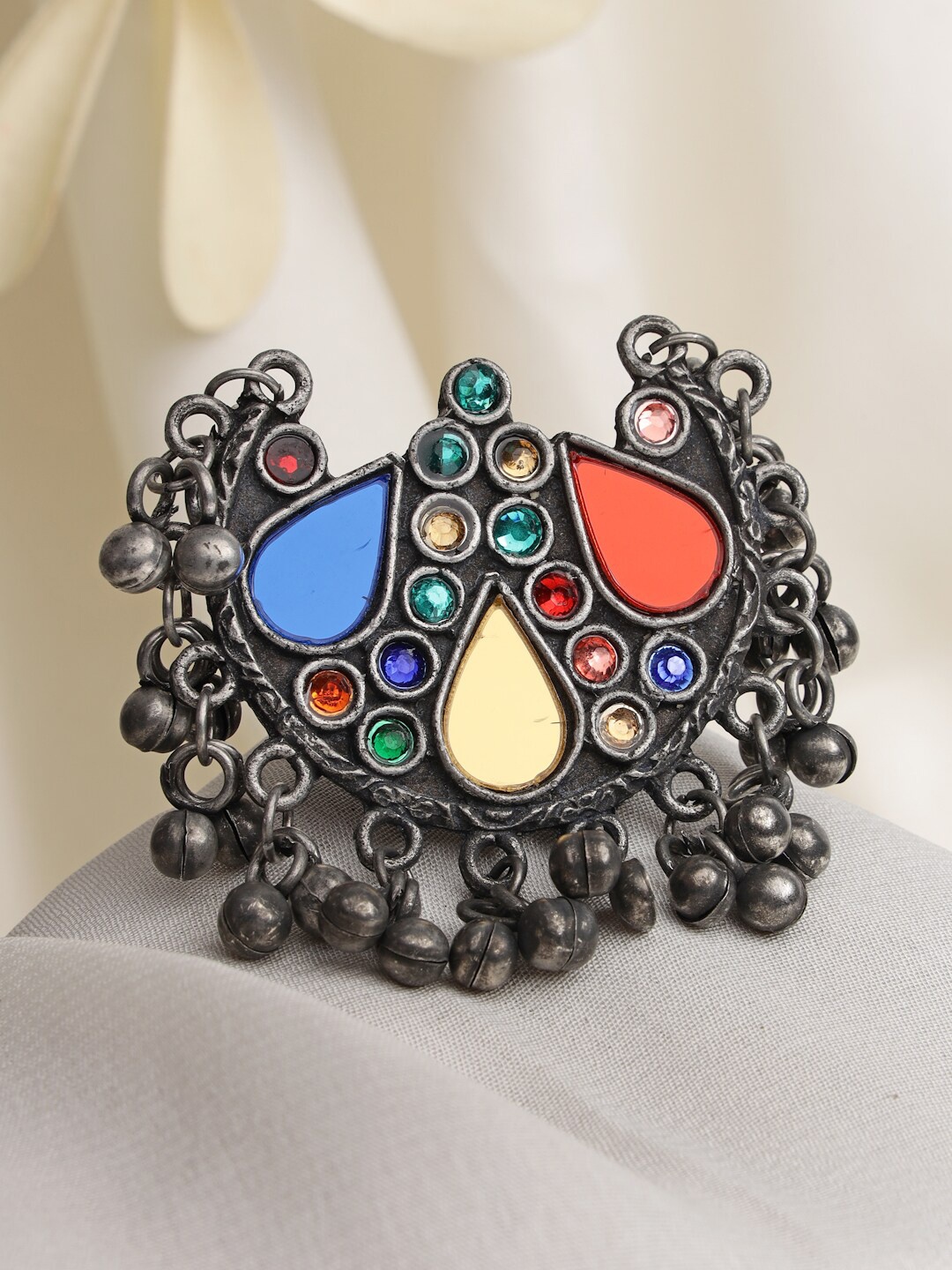 

Moedbuille Oxidised Silver-Plated Blue & Orange Colored Mirror Studded & Gunghroo Studded Finger Ring