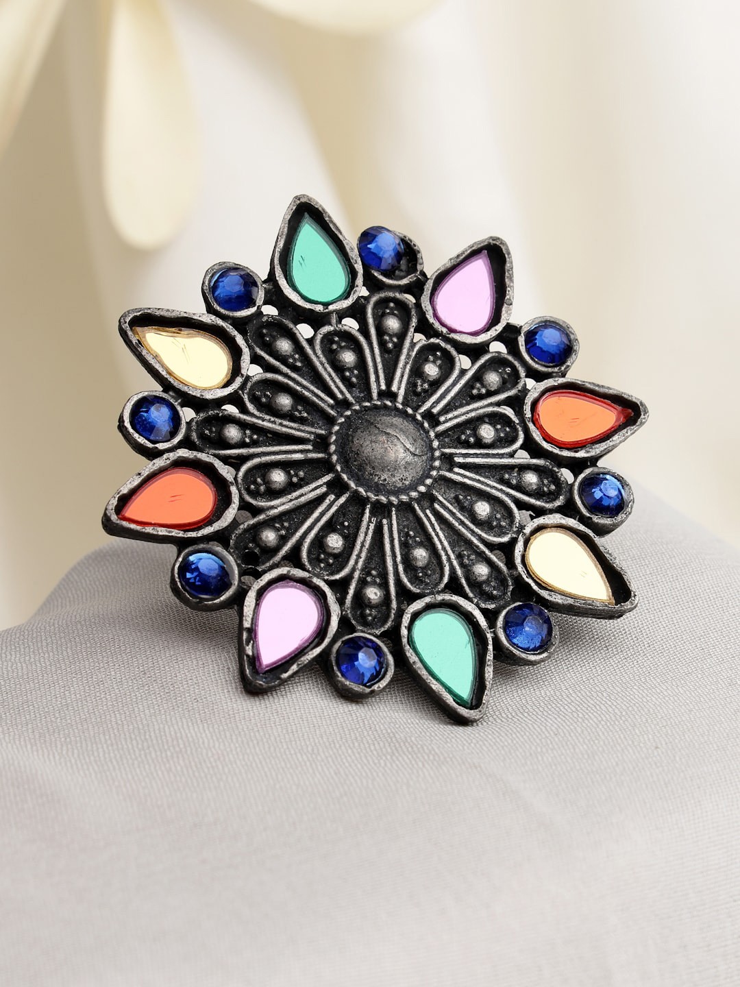 

Moedbuille Silver-Plated Crystals & Mirror Studded Afghan Design Finger Ring, Multi