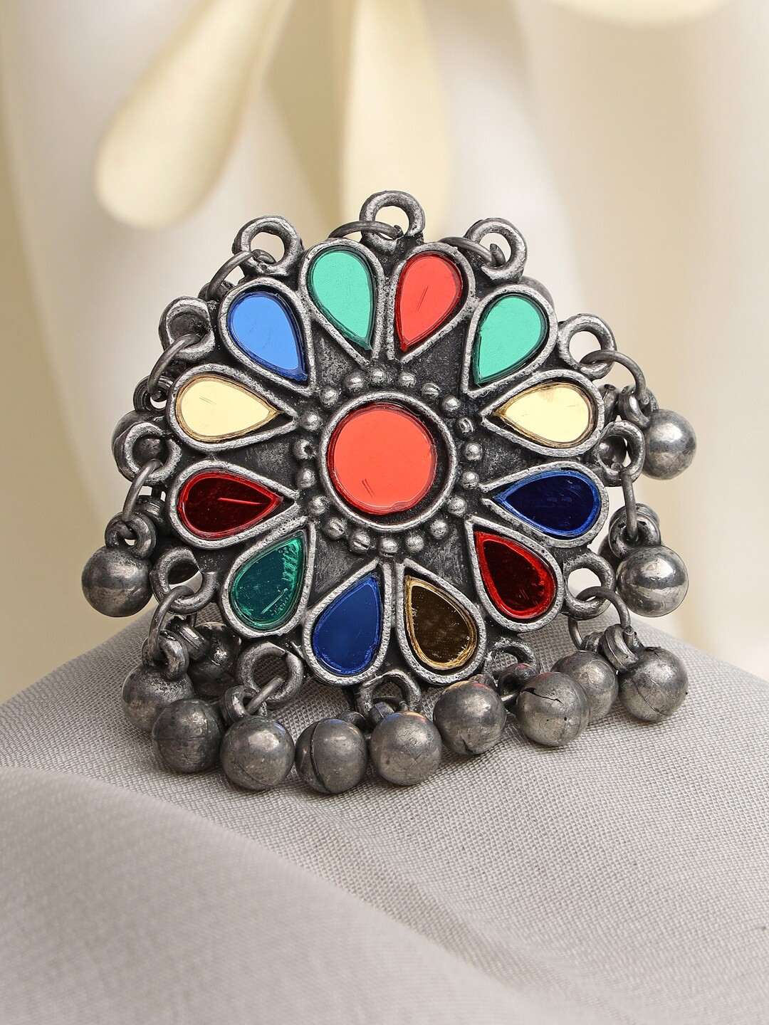 

Moedbuille Silver-Plated & Multi Mirror Studded Oxidised Finger Ring