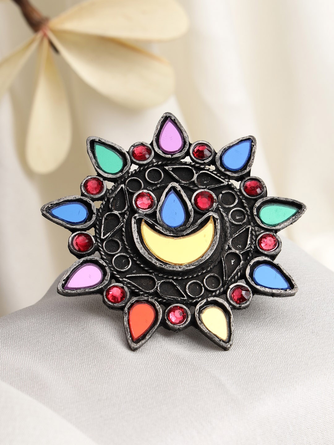 

Moedbuille Silver-Plated Red & Blue Crystal Studded Mirror Oxidised Adjustable Finger Ring