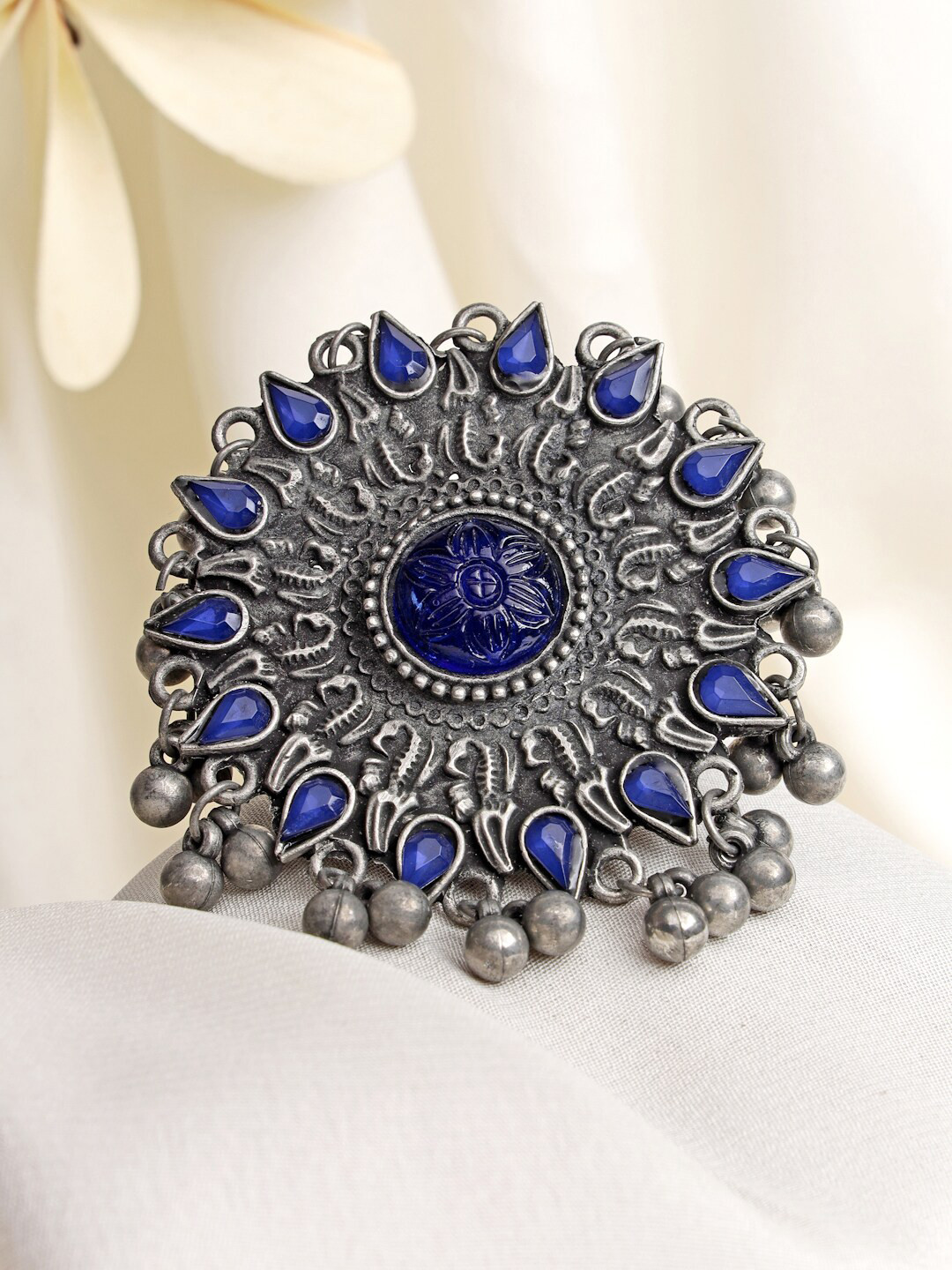 

Moedbuille Silver-Plated Blue Agate Studded Filgree Work Oxidised Finger Ring
