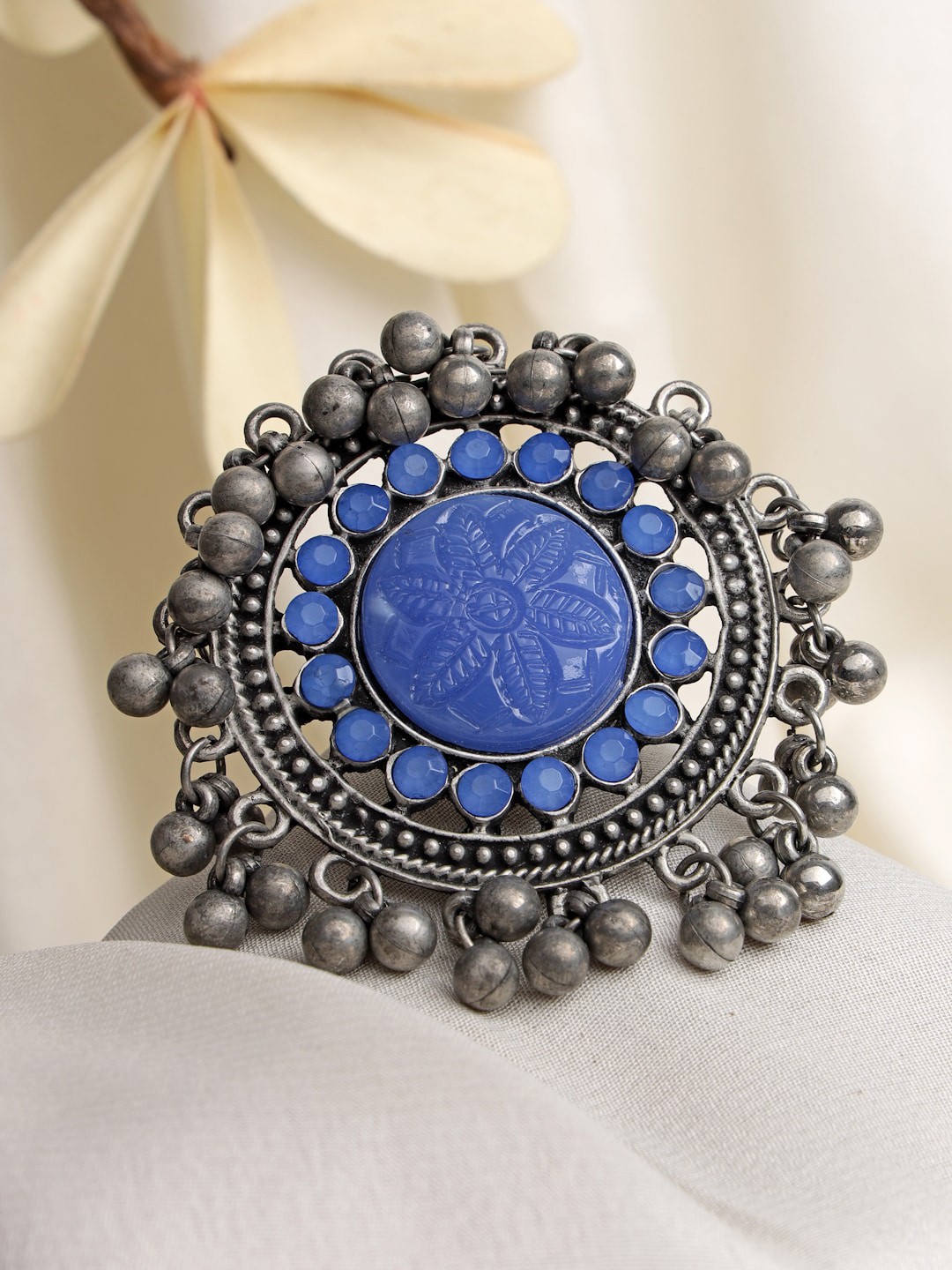 

Moedbuille Silver-Plated & Blue Agate Ghungroo Studded Oxidised Finger Ring